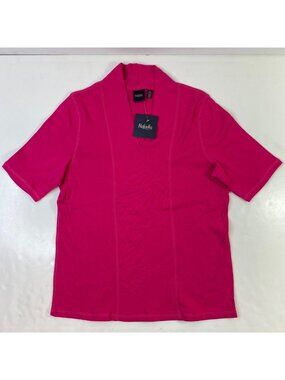 Rafaella Womens Short Sleeve Mock Collared V-Neck Ribbed Shirt Pink Size Large